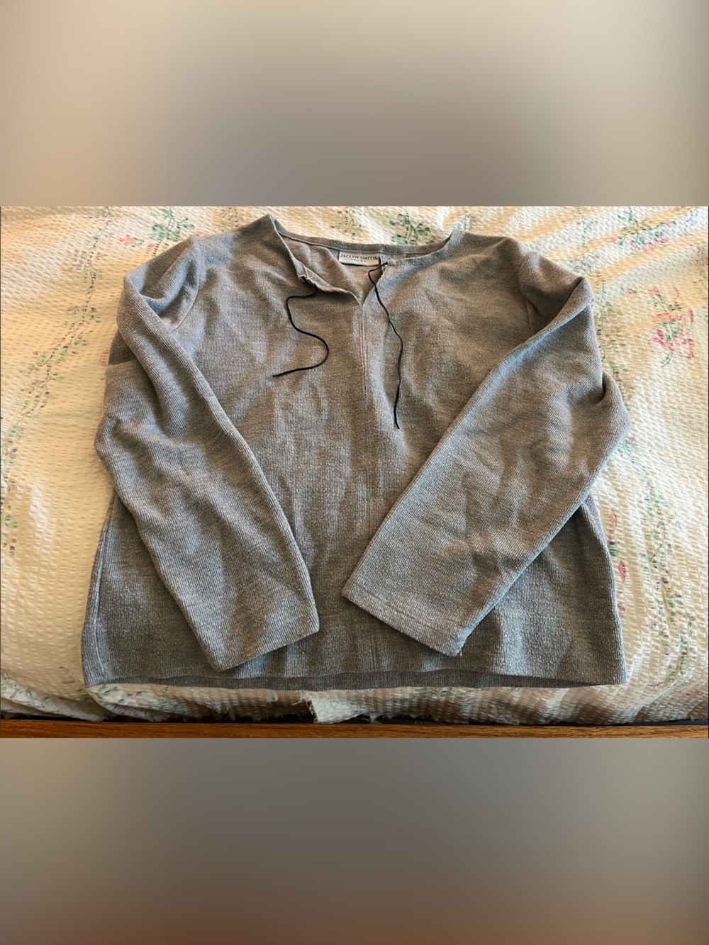 Jaclyn Smith Gray V-Neck Sweater with Drawstring